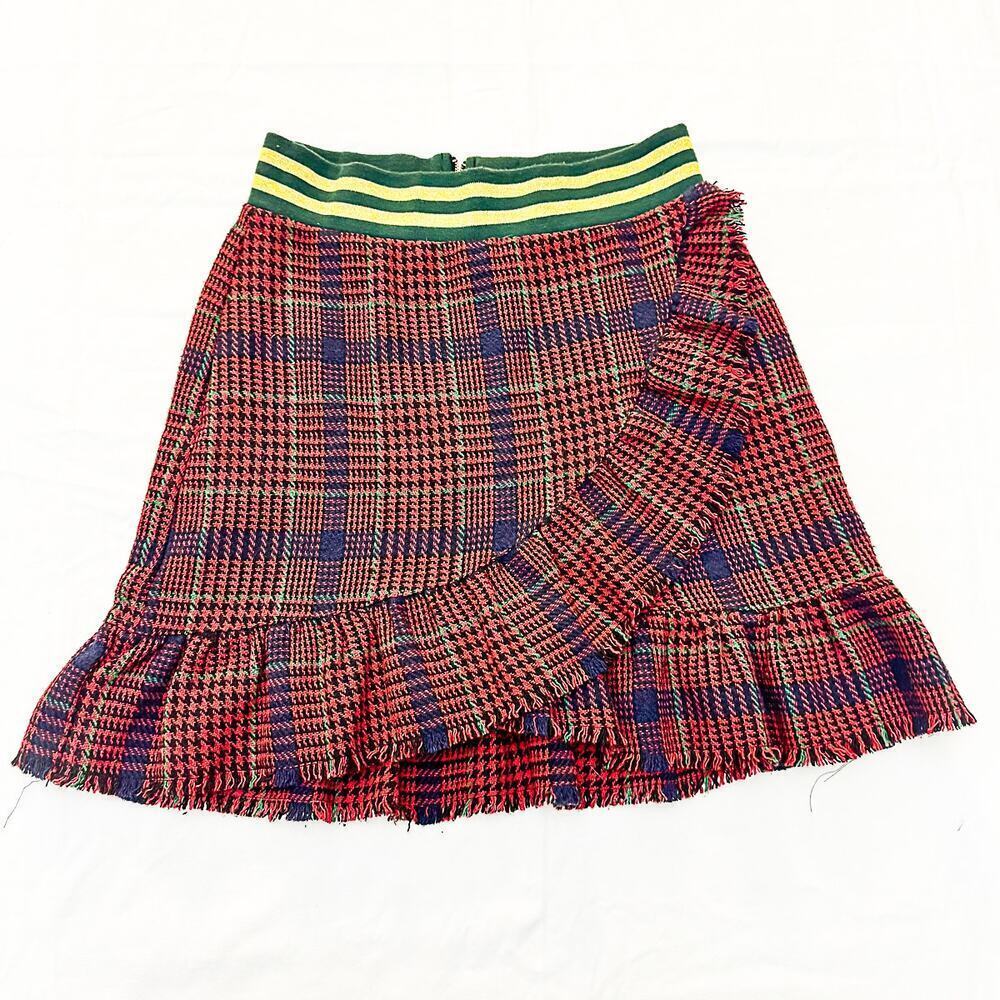 JOA Banded Ruffled Hem Detail Short Patterned Tartan Plaid Skirt Size Small